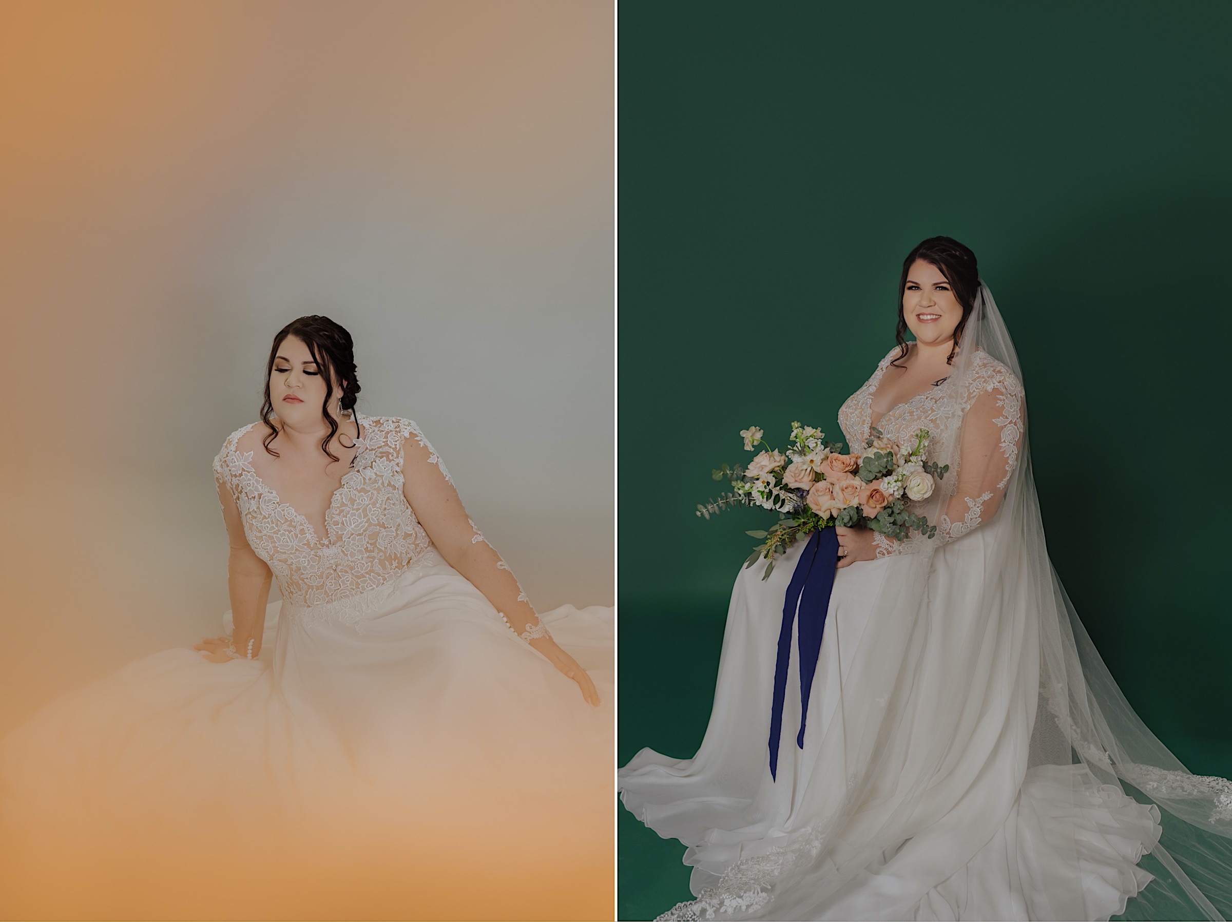 studio-bridal-session-peach-light-grey-green-background-sitting-down-pose-long-sleeve-lace-wedding-dress