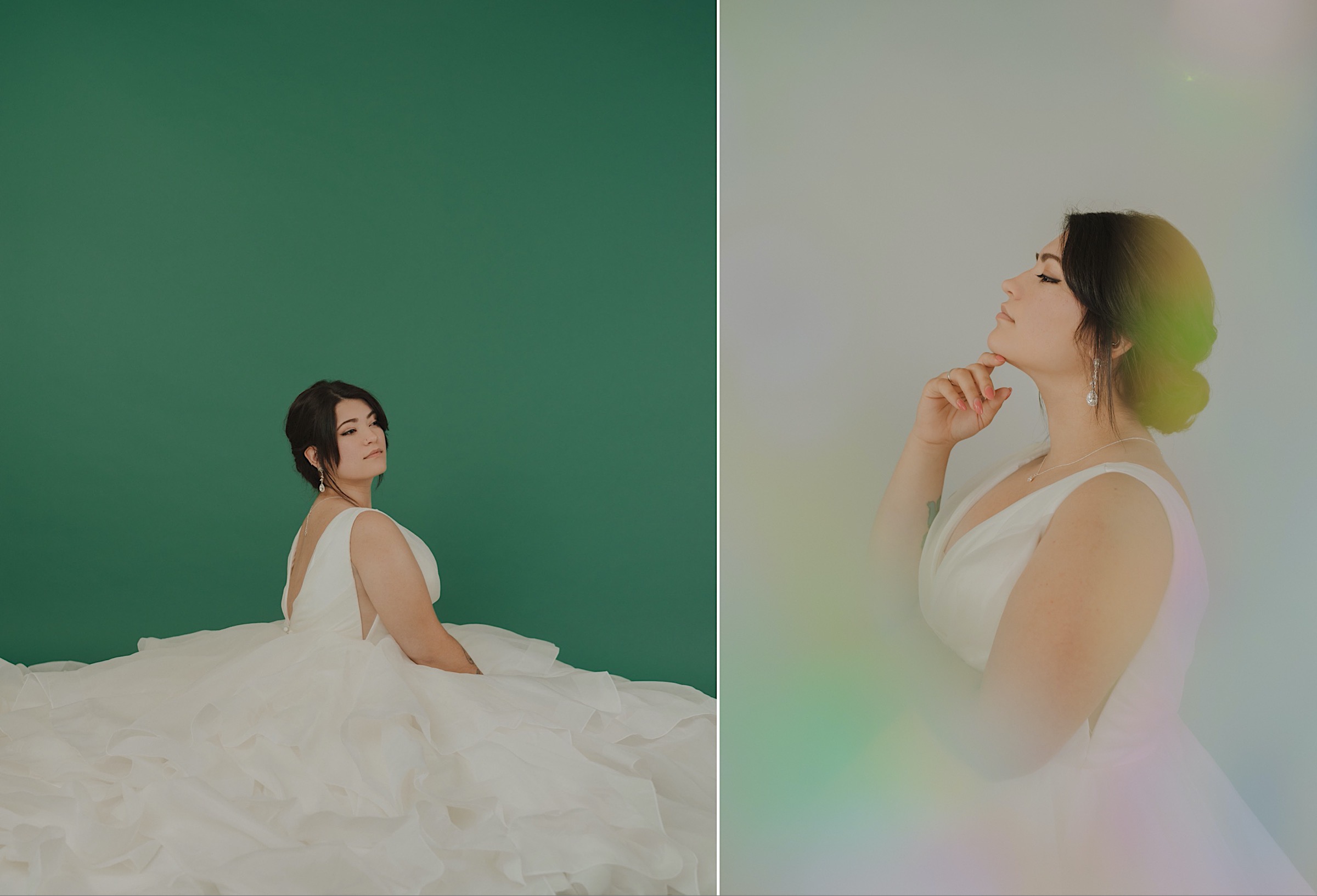 studio-bridal-portrait-session-green-white-iridescent-background-tattoos