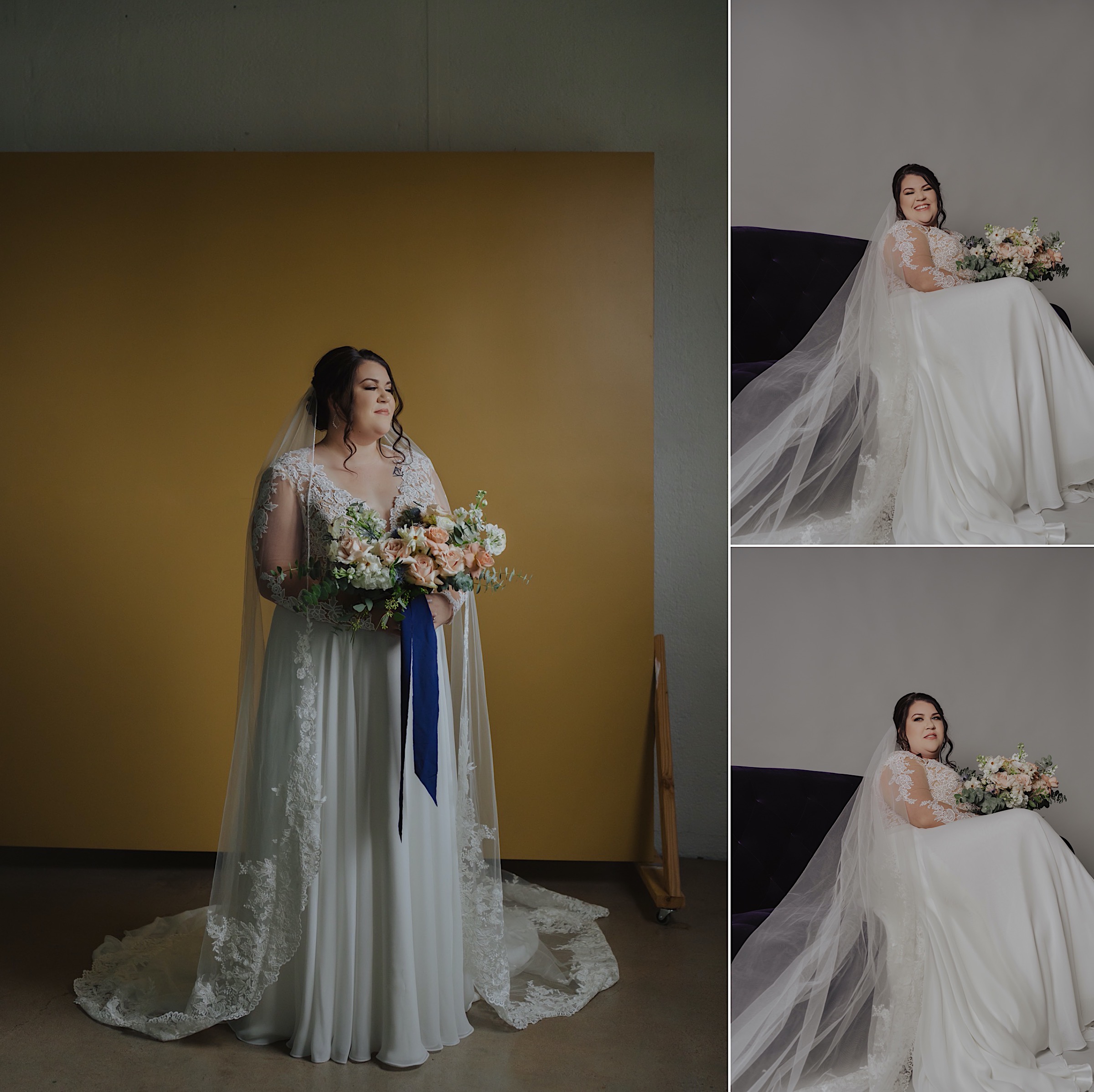 studio-bridal-session-portraints-wedding-dress-lace-long-sleeve-plussize-pink-white-light-green-bouquet-yellow-background