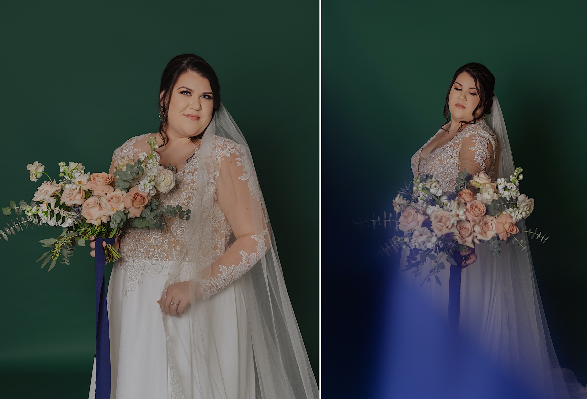 studio-bridal-portraits-session-photo-green-background-blue-long-sleeve-lace-dress-pink-light-green-bouquet