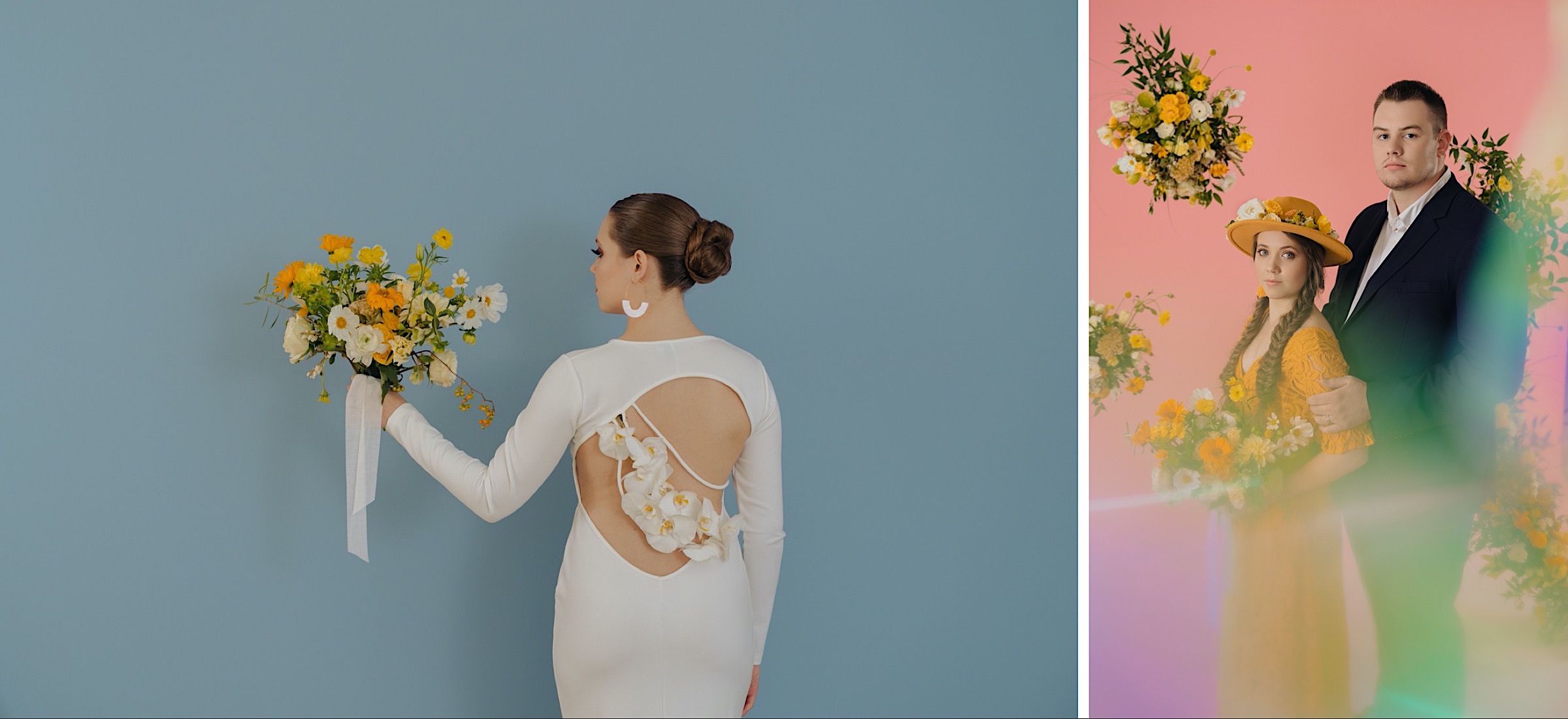 studio-styled-wedding-blue-pink-background-yellow-wedding-dress-modern-sleek-orange-yellow-bouquet