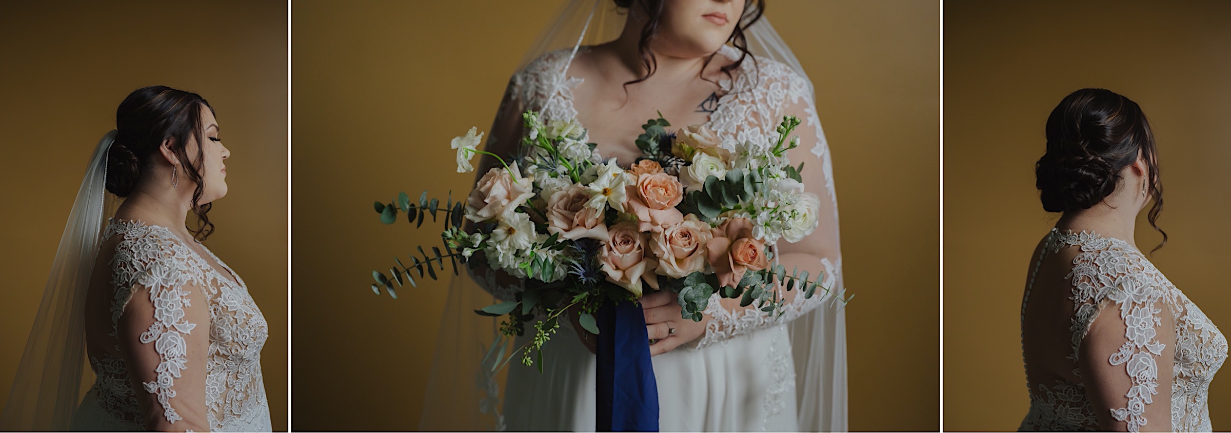 bridal-portrait-studio-yellow-background-details-lace-long-sleeve-dress-braide-updo-pink-euc-bouquet-veil-window-light