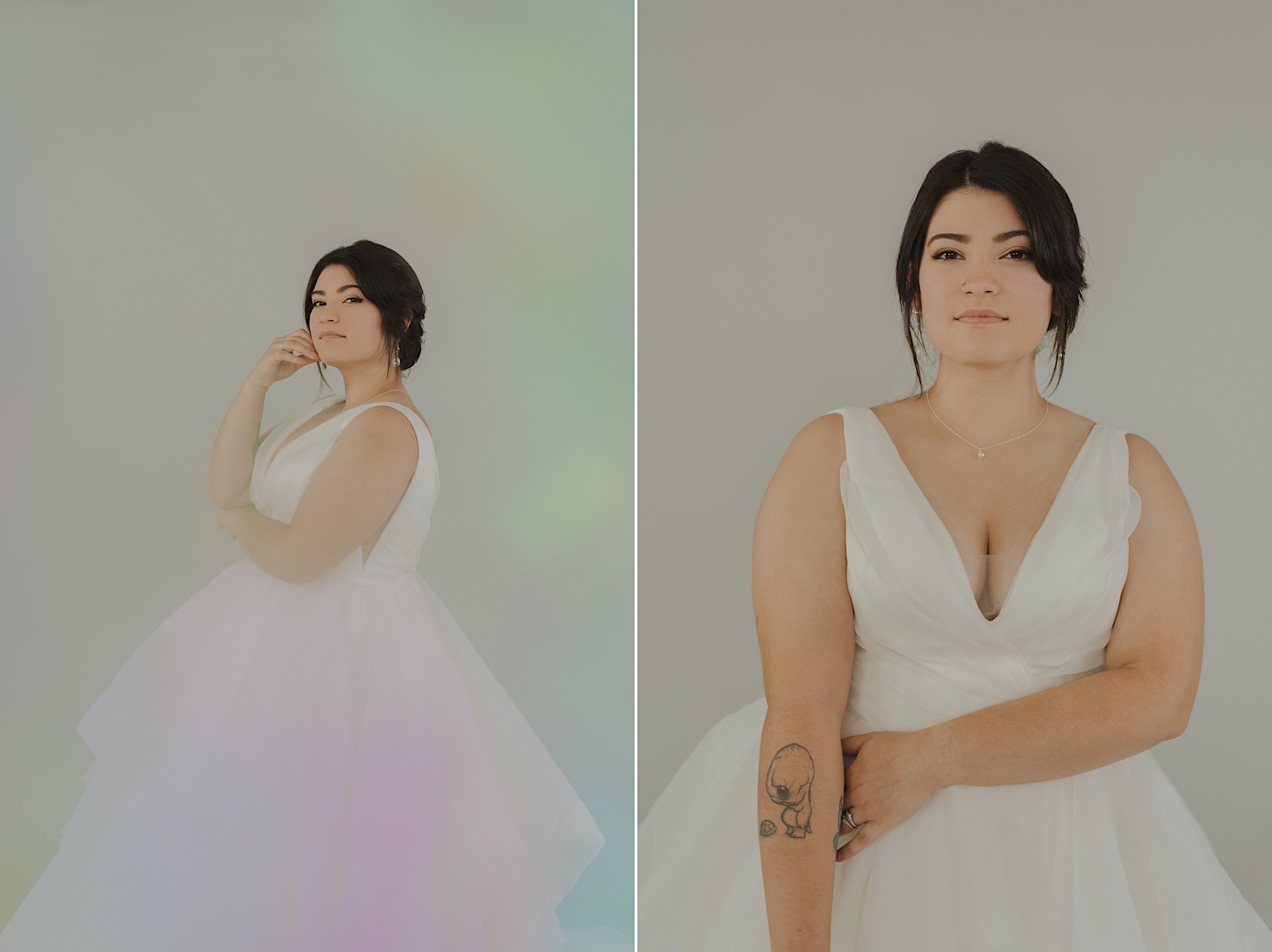 studio-bridal-portrait-session-white-iridescent-background-tattoos