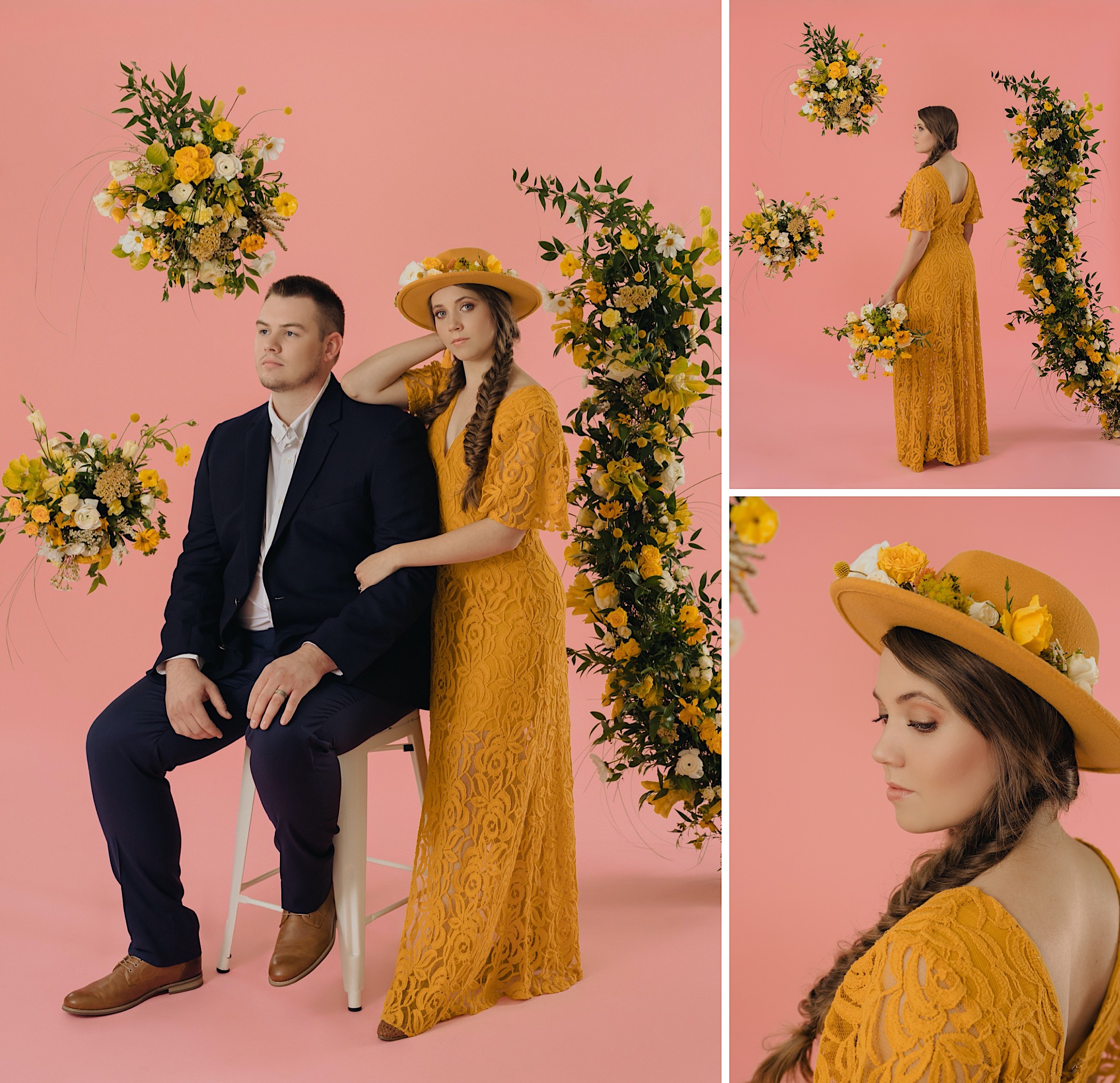 pink-studio-background-wedding-bride-groom-yellow-wedding-dress-fedora-flowers