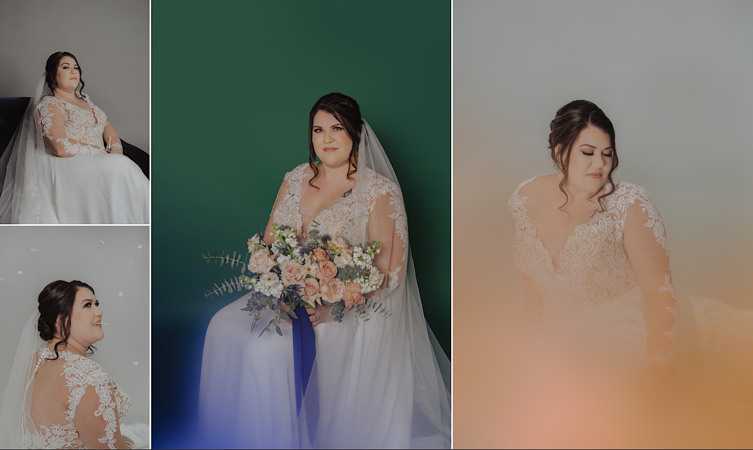 studio-bridal-session-green-background-peach-light-grey-plus-size-wedding-dress