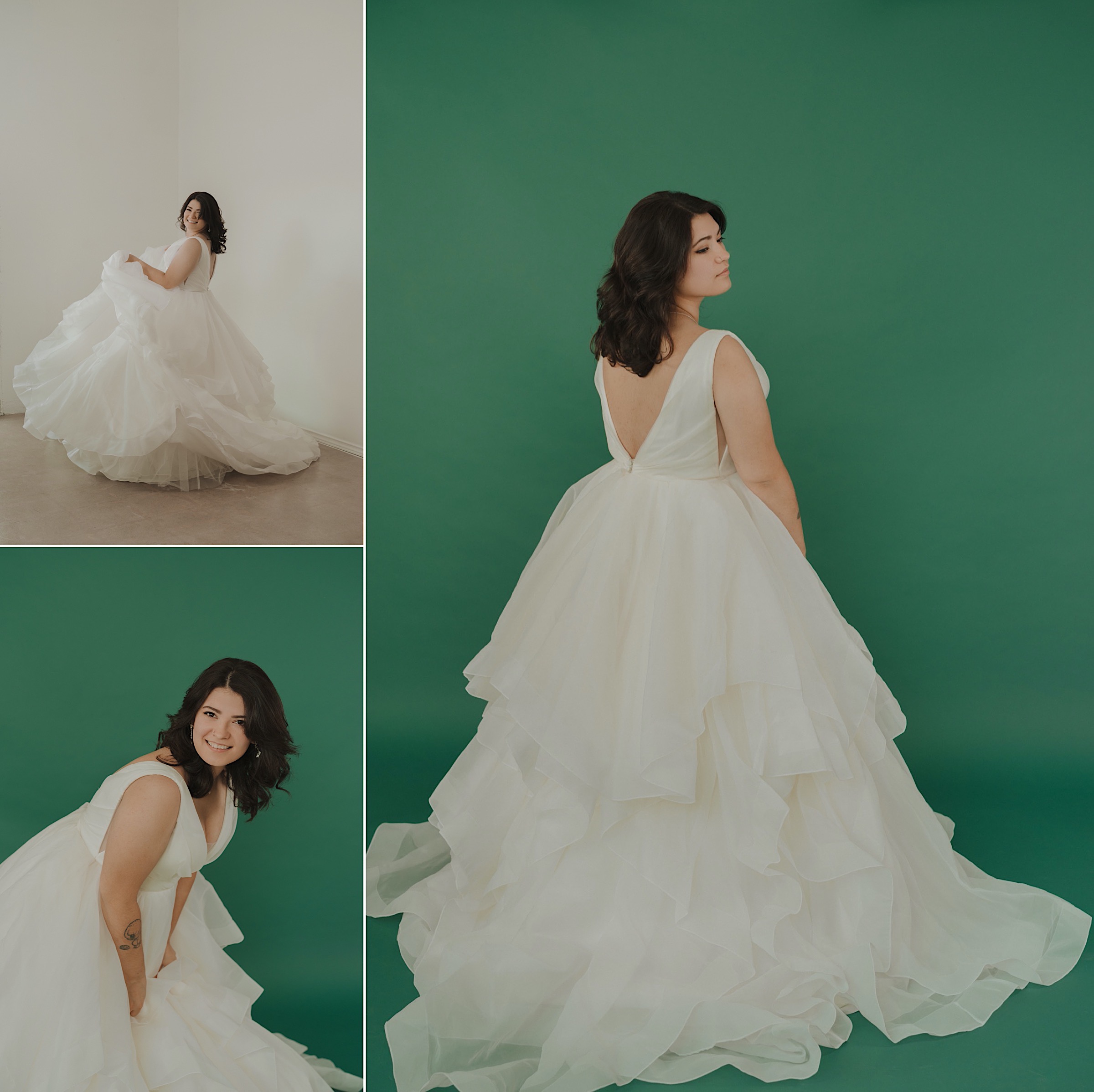 studio-bridal-portrait-session-green-white-background-tattoos-back-of-gown-spinning