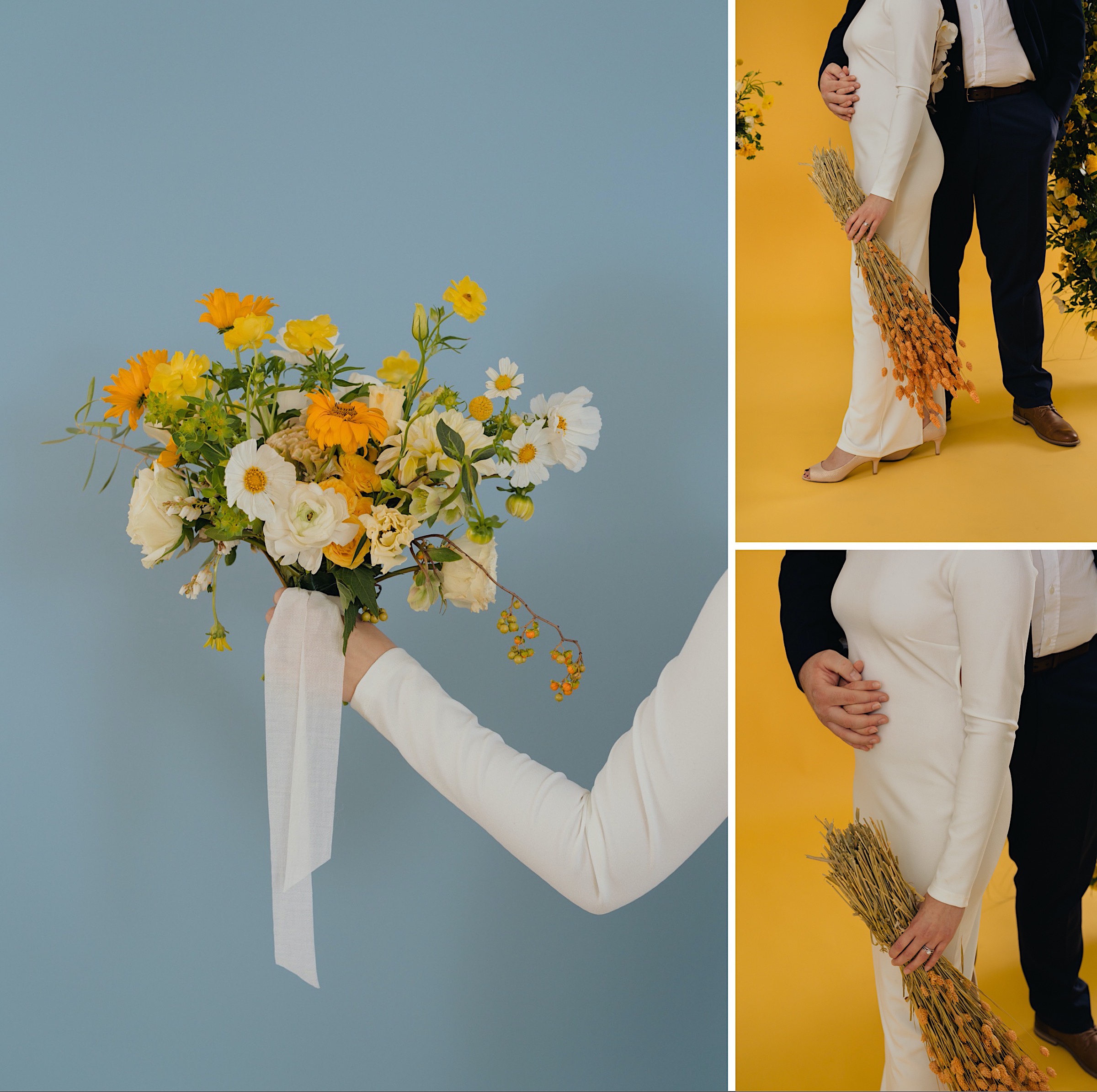 modern-bouquet-studio-bridal-session-blue-background-yellow-orange-white-bouquet