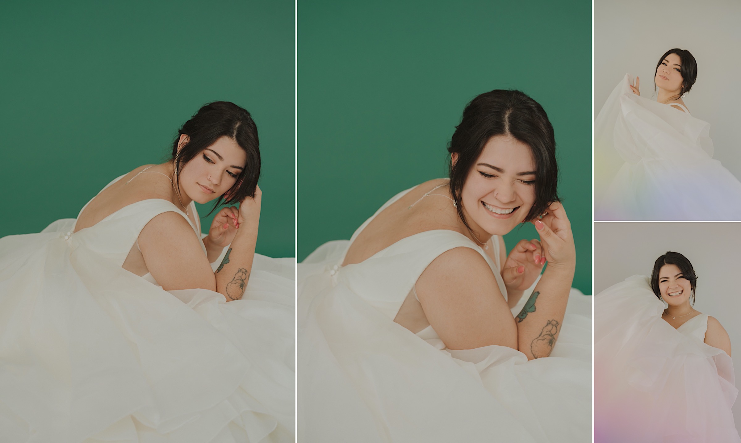 studio-bridal-portrait-session-green-white-iridescent-background-tattoos