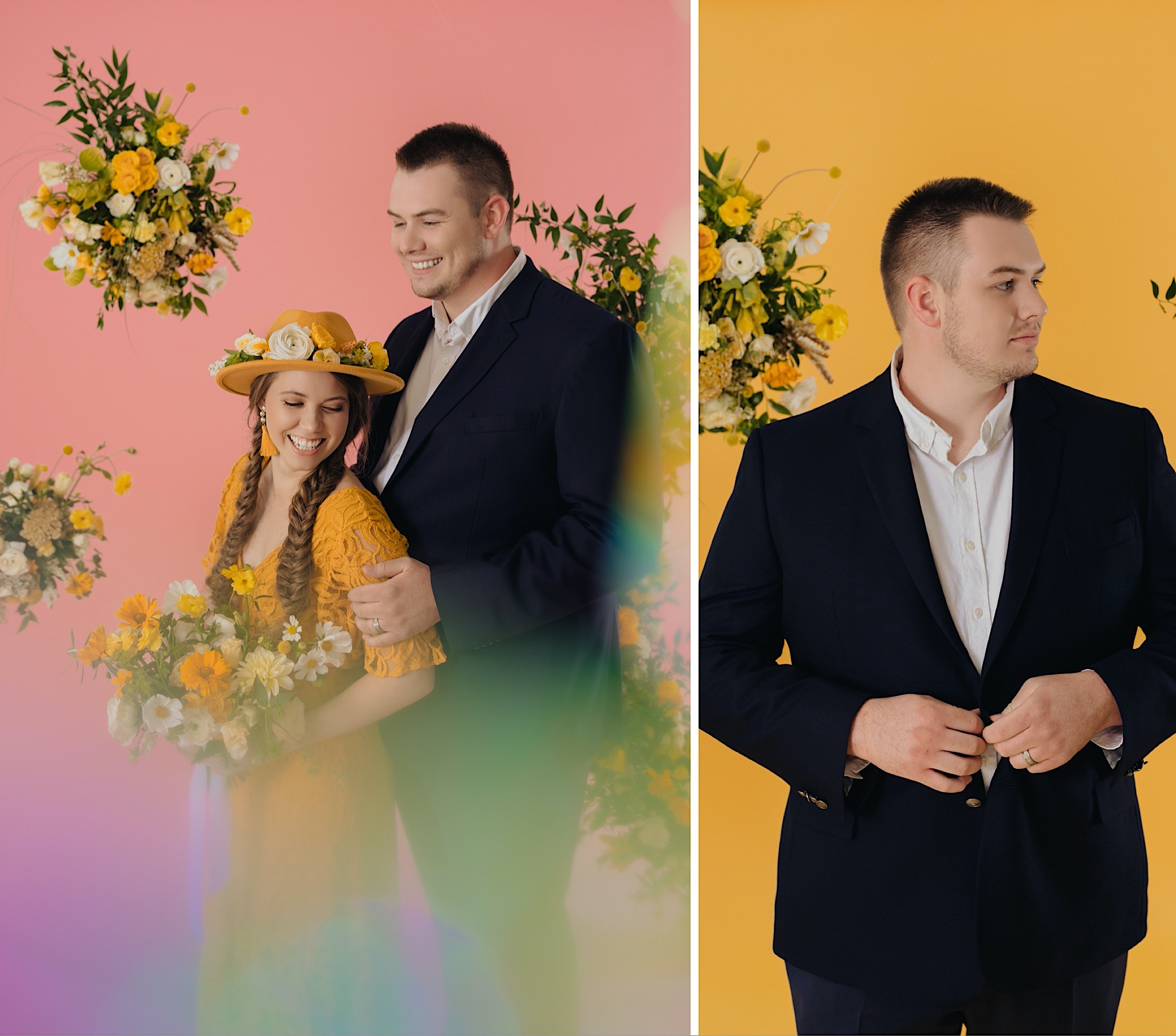 styled-wedding-shoot-modern-yellow-background-blue-floral-installation-colorful-sleek-wedding-dress-flower-open-back