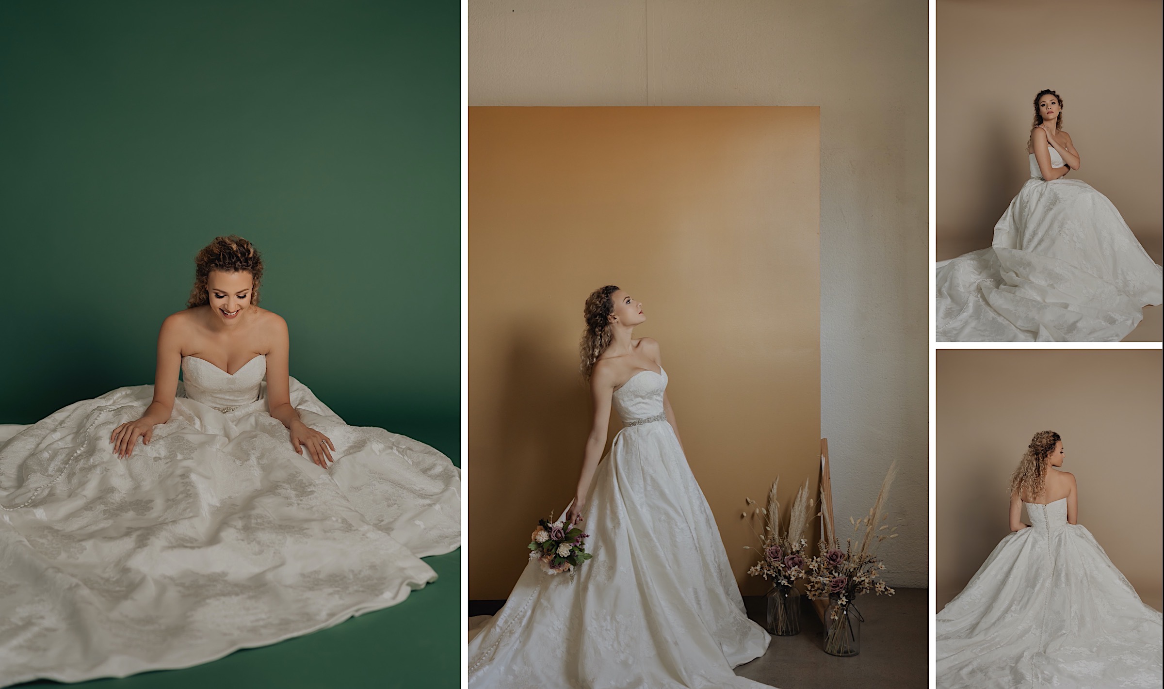studio-bridal-session-tulsa-oklahoma-pecan-green-background-mixed-race-curly-hair-strapless-wedding-dress