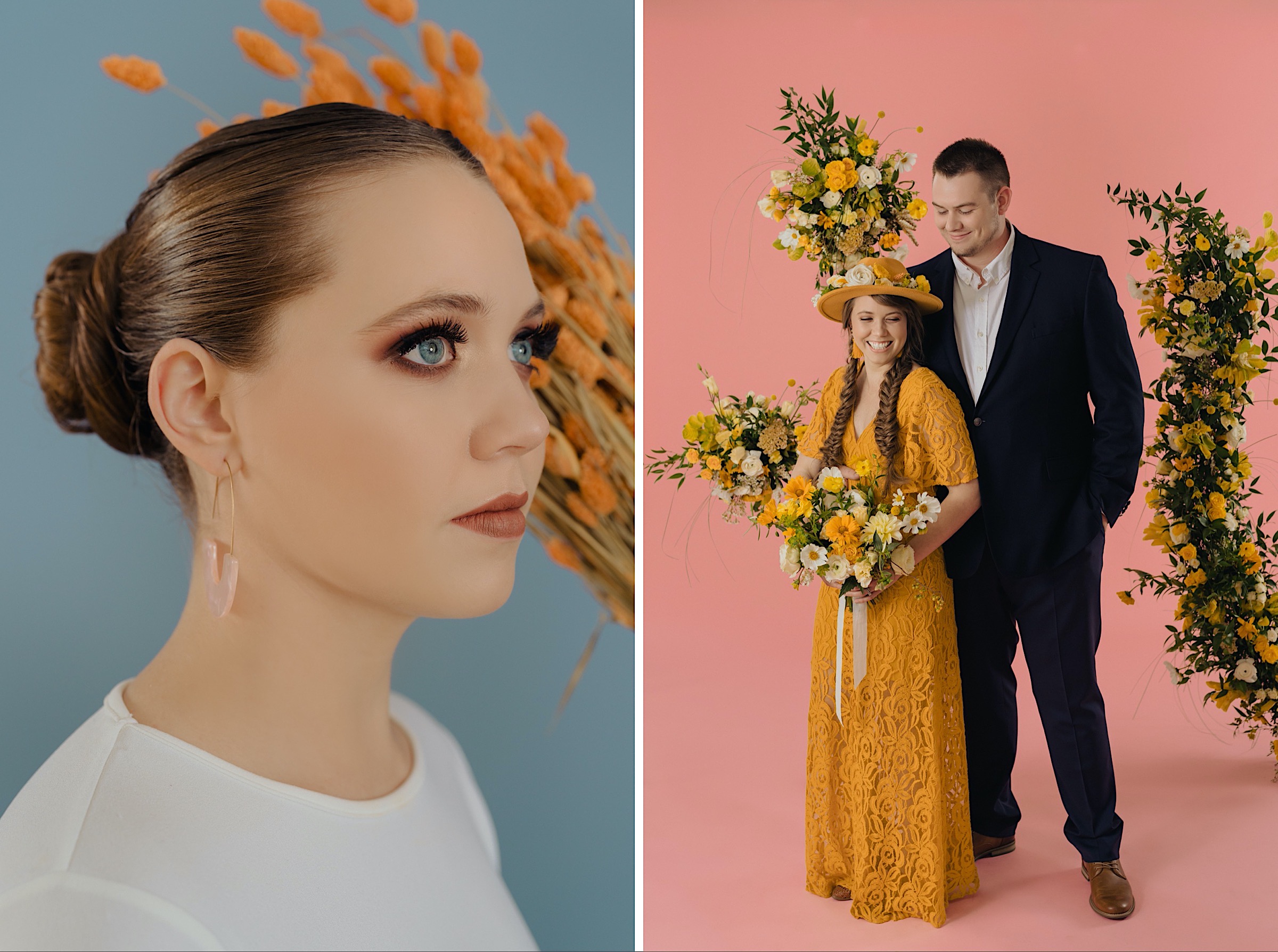 styled-wedding-shoot-modern-yellow-background-blue-floral-installation-colorful-sleek-wedding-dress-flower-open-back