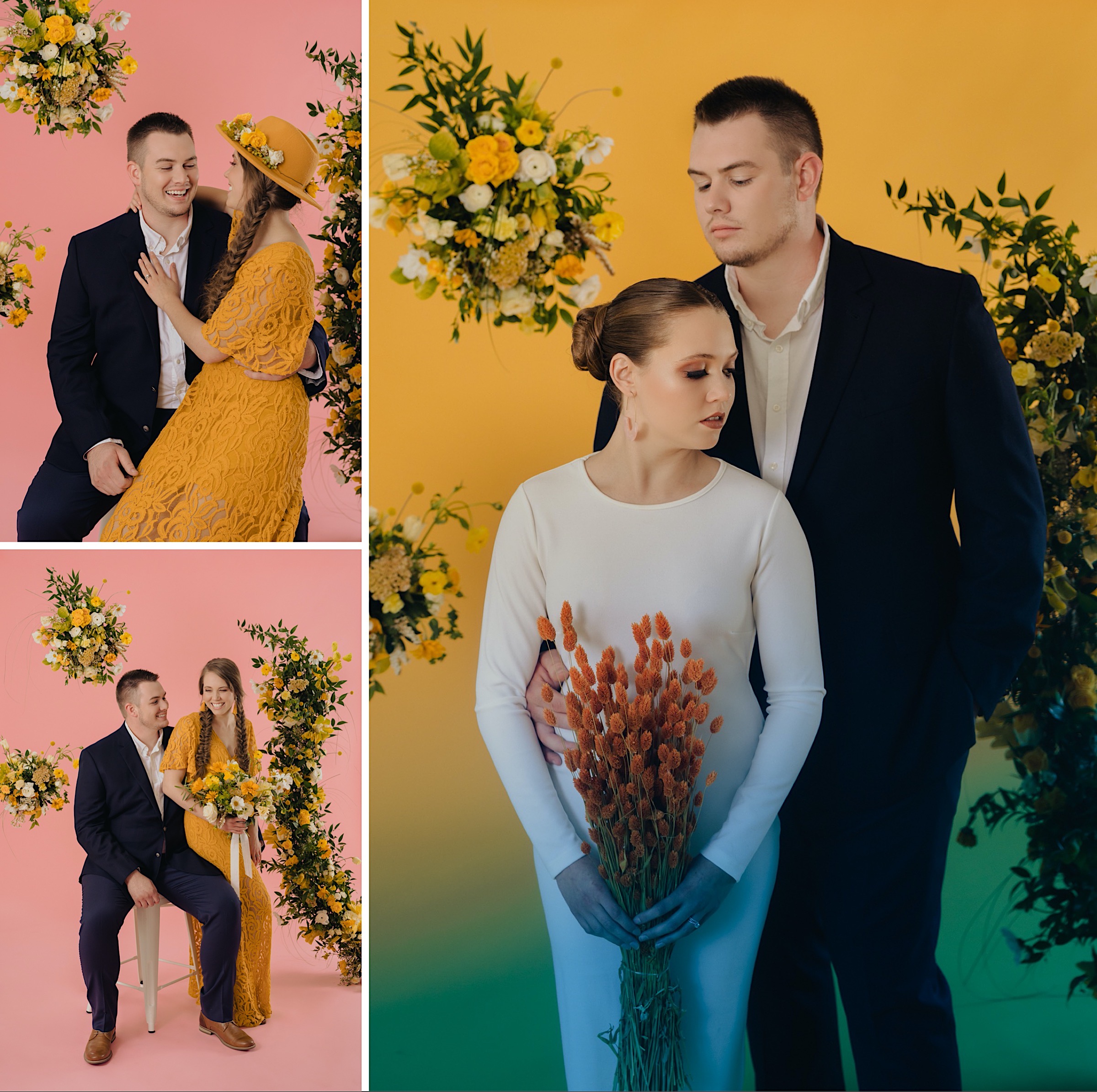 studio-styled-wedding-shoot-pink-yellow-background-floral-installation-yellow-dress-fedora-flowers
