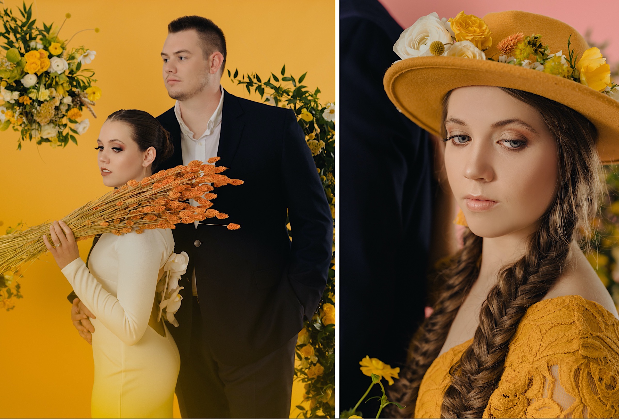 studio-wedding-photos-bride-groom-modern-yellow-wedding-dress-studio-styled-editorial-fedora-flowers