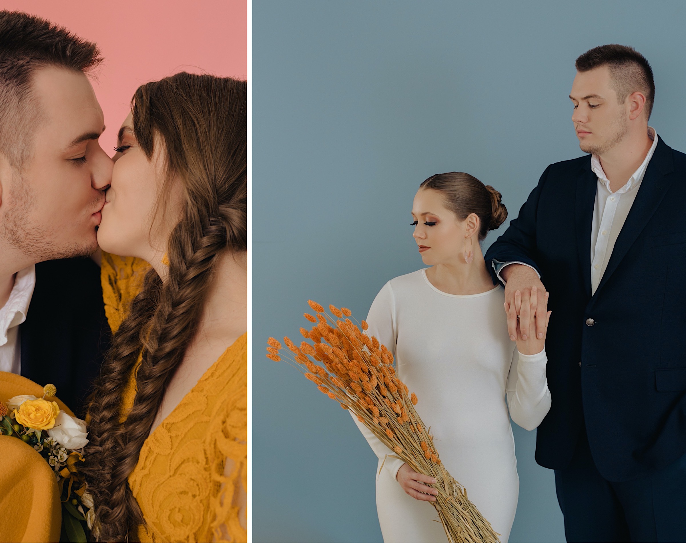 studio-styled-wedding-shoot-modern-sleek-wedding-dress-bride-groom-yellow-gown-braid-blue-background-pink