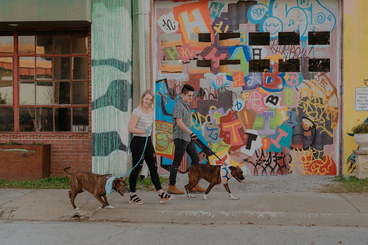 Tulsa-Colorful-Grafitti-Building-Tulsa-Wedding-Photographer-Couple-Walking-Dog