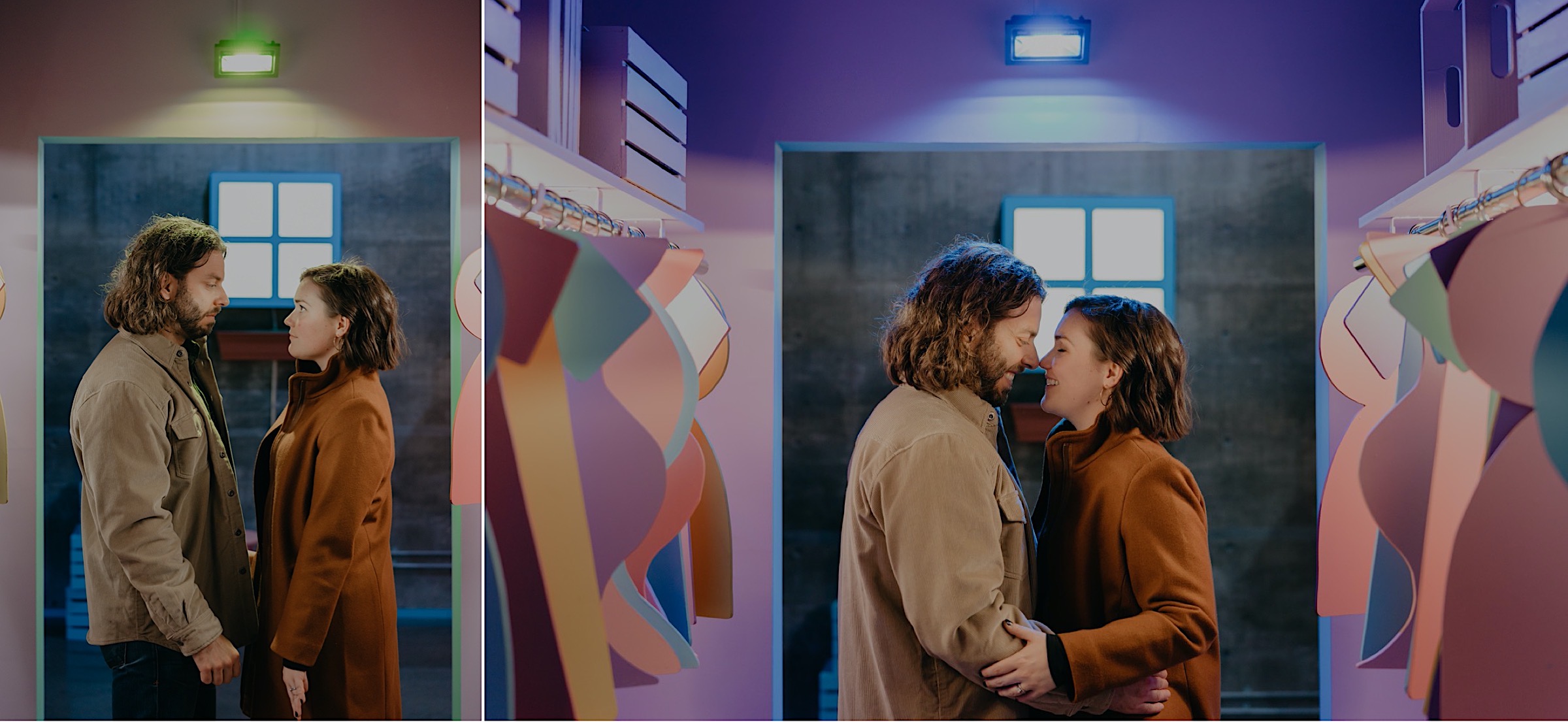 ahha-tulsa-museum-downtown-engagement-session-seattle-washington-couple-neon-lights-rainbow