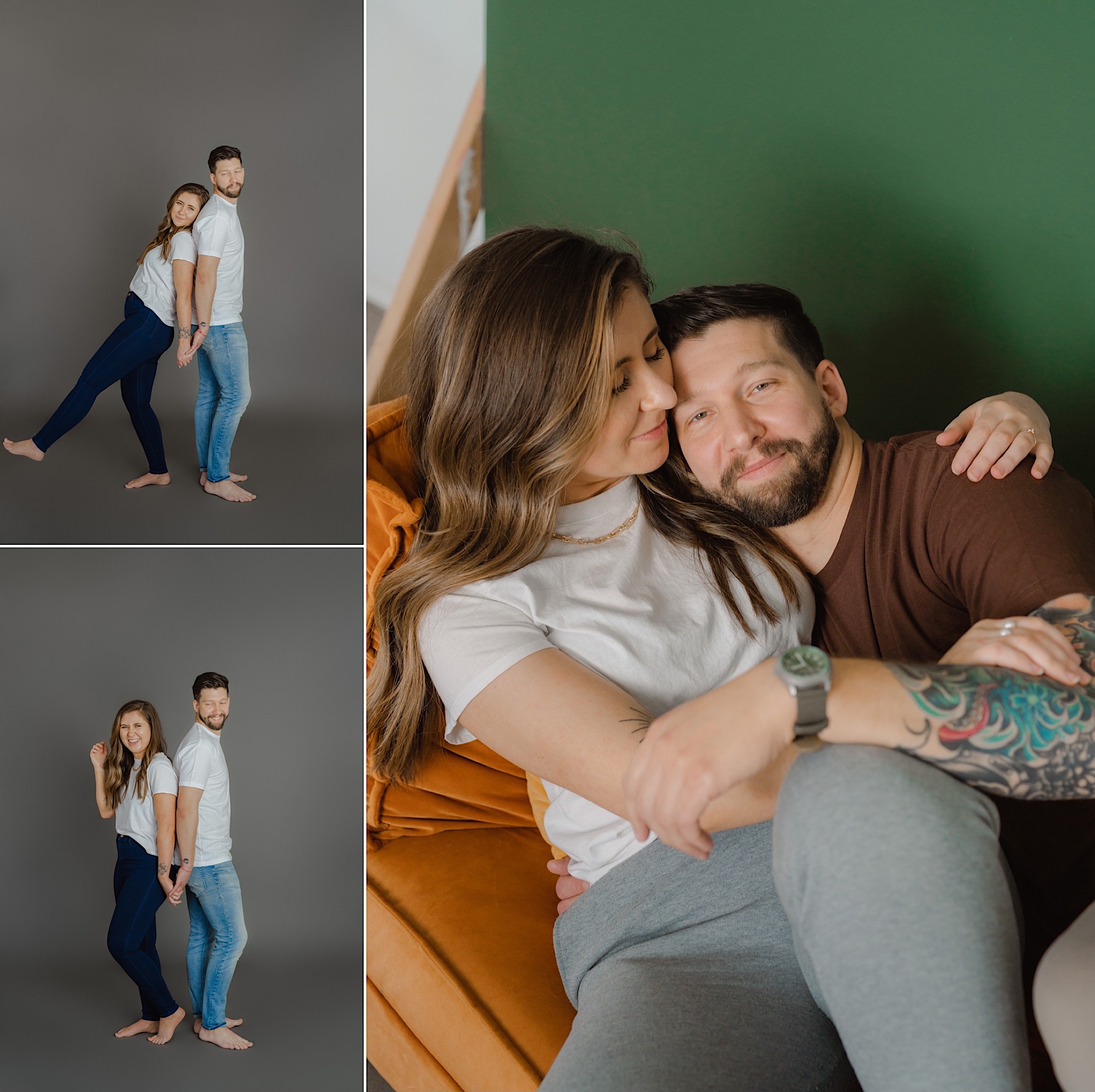 Minimalistic-Studio-Couple-Engagement-Session-White-Tshirts-neutral-charcoal-grey-backdrop-seattle-photographer