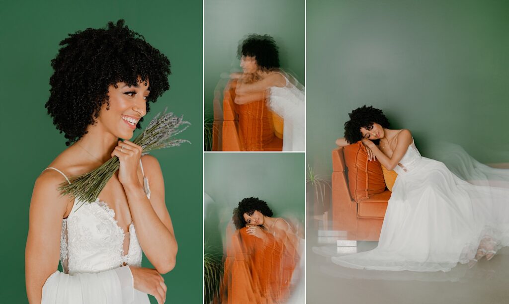 Minimalistic-studio-bridal-photos-session-evergreen-lavendar-white-wedding-gown-african-american-natural-afro-hair-seattle-photographer