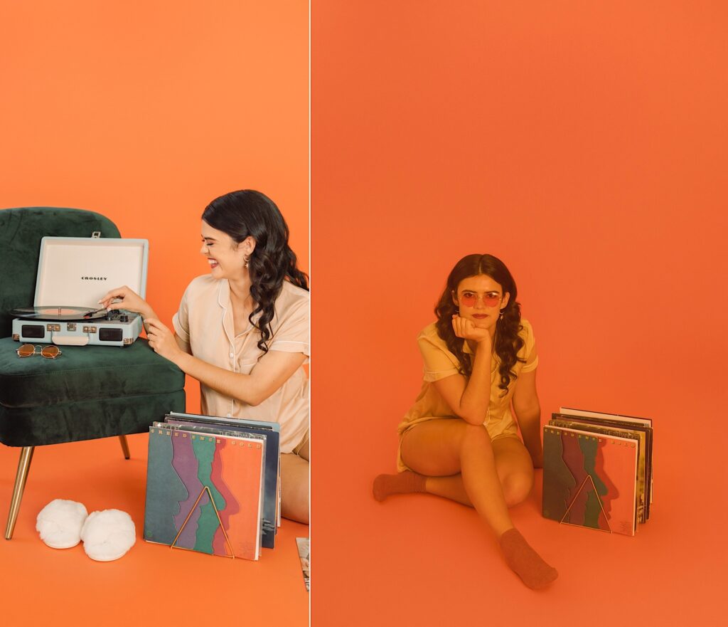 styled-studio-bridal-photos-session-wedding-photographer-colorful-bold-unique-modern-bride-orange-green-yellow-backdrop-color-palette-hipster-record-player-pajamas