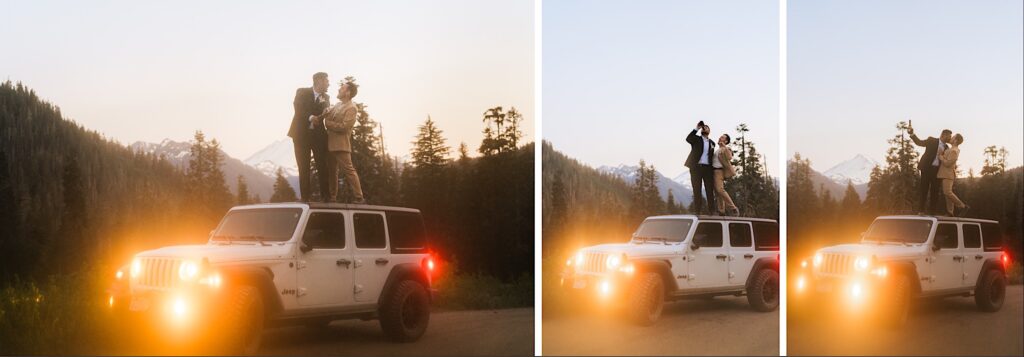 mountain-champagne-pop-washington-elopement-gay-couple-standing-on-jeep