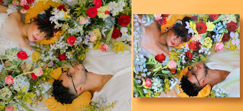 black-couple-laying-in-wildflowers-wedding-elopement-painting-bride-groom