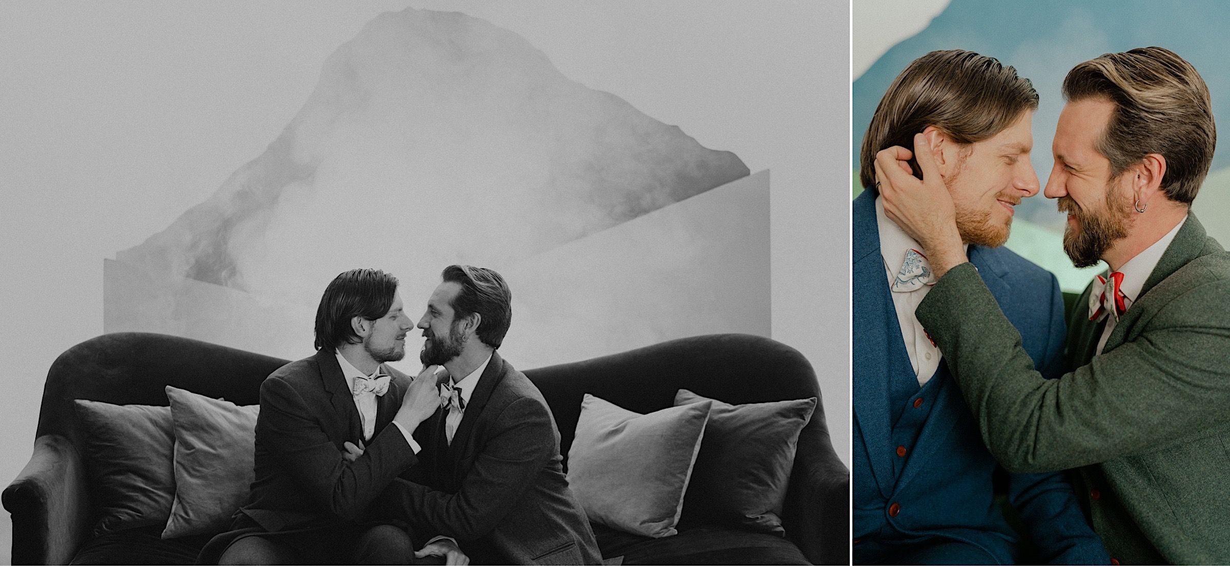 gay-couple-elope-in-studio-with-mt. rainier-backdrop